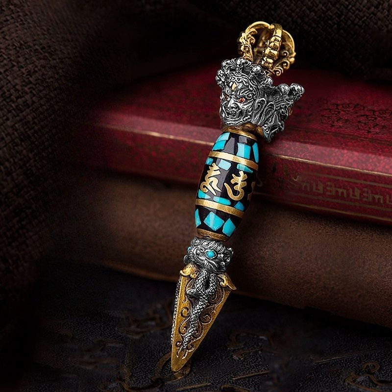 Sterling perak langit hitam besar vajra alu berputar manik liontin enam karakter mantra pria retro