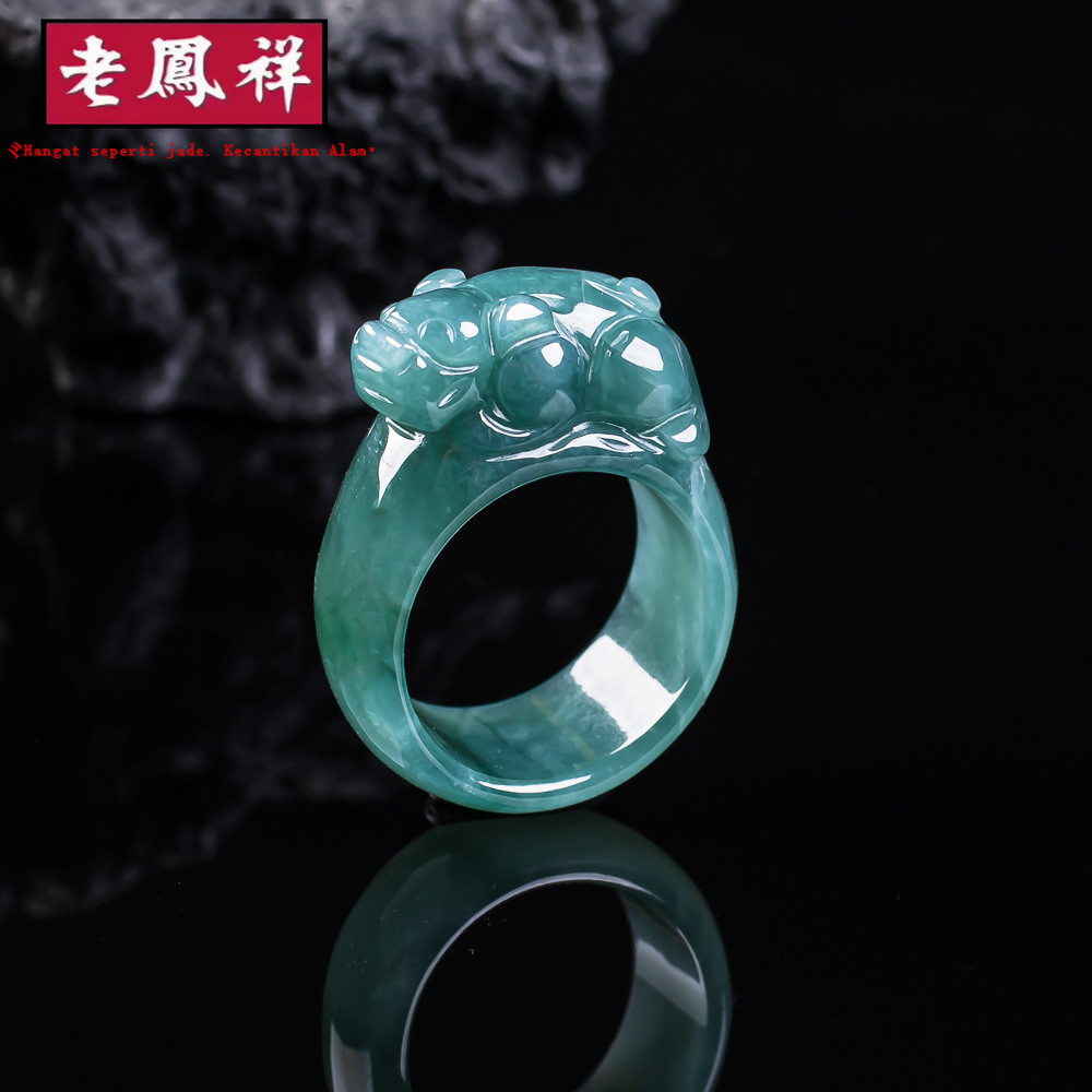 [Dengan Sertifikat] Batu giok alami Sebuah produk, cincin Pixiu berukir air biru.
