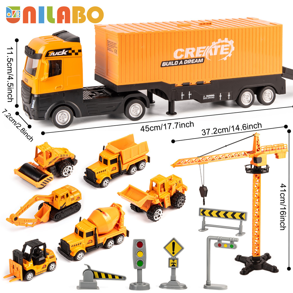 Alloy Construction Vehicles Toy Set for Ages 3-8-STEM Toys with Container Truck/Tower Crane/Excavato