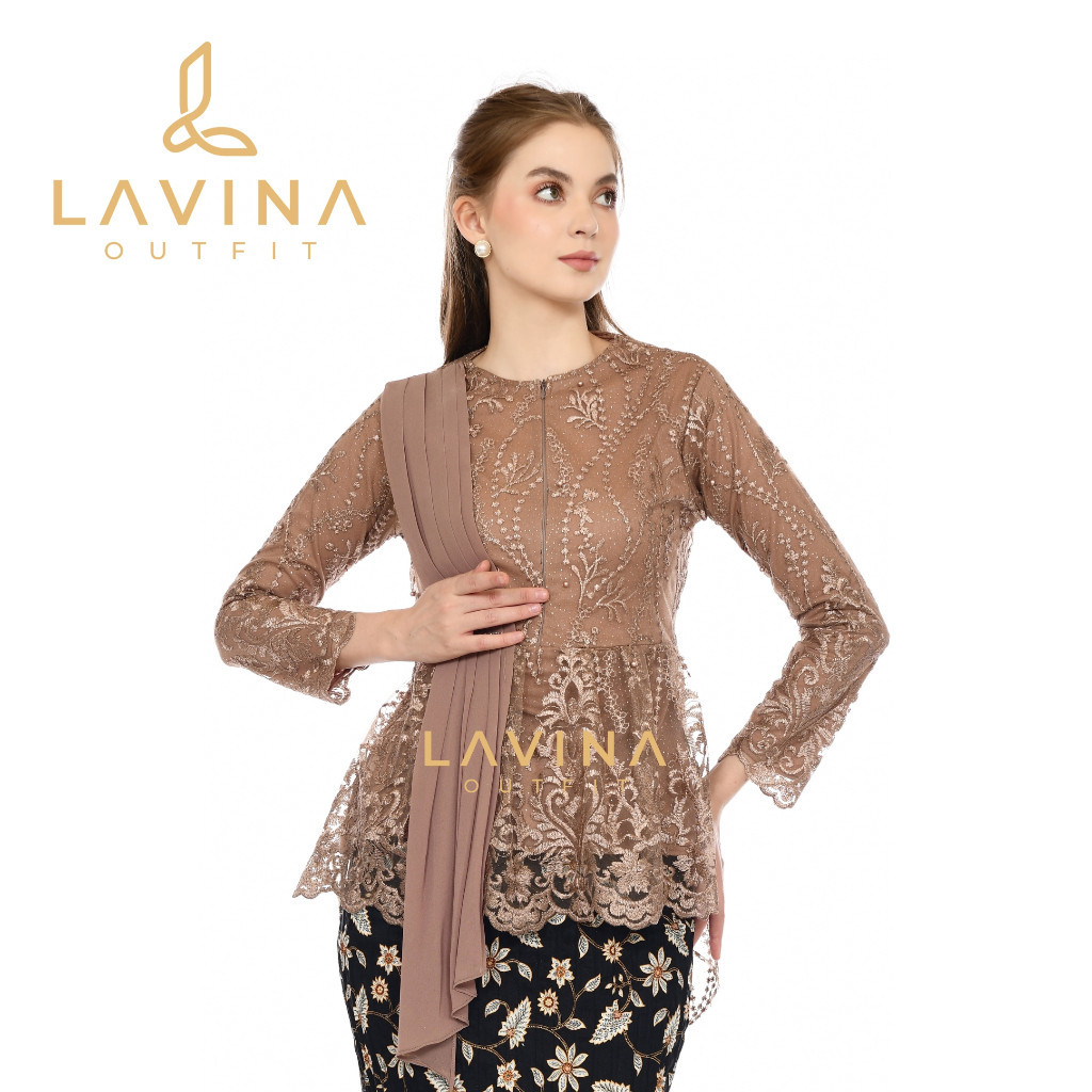 Lavina – Atasan Kebaya Blouse Selendang Aurel Premium Tile Full Bordir Mutiara Model Modern Elegan W