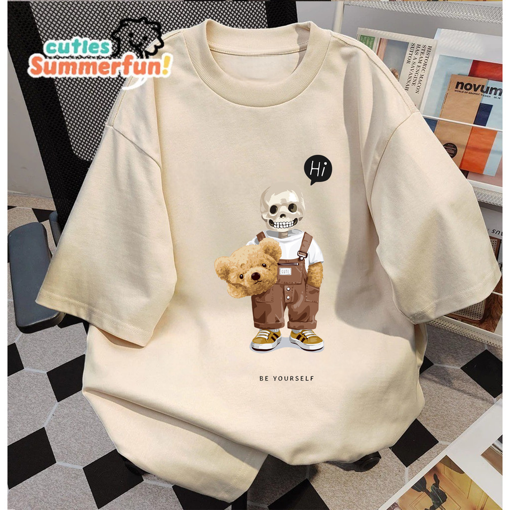 Kaos Oversize Teddy Bear Skeleton "Hi" / T-shirt Wanita Warna Cream Motif Aesthetic Viral |Kaos Crea