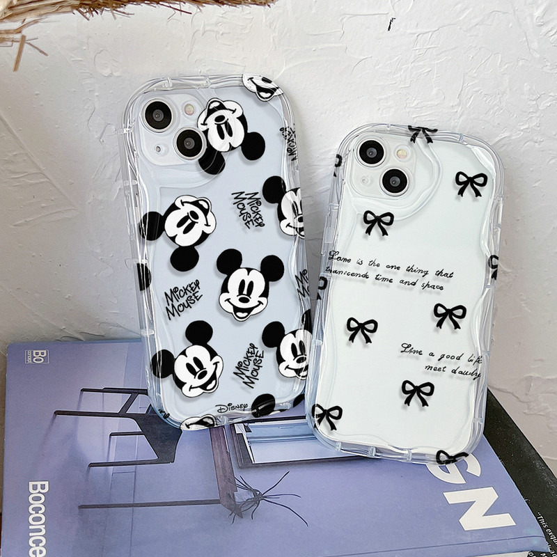 Transparan Gelombang Casing Motif Kartun Mickey Untuk iPhone 15 14 13 12 11 Pro X XR Xs Max 6 6s 7 8