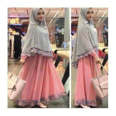 0835 set hijab wanita purple ungu baju maxidress jilbab renda polos