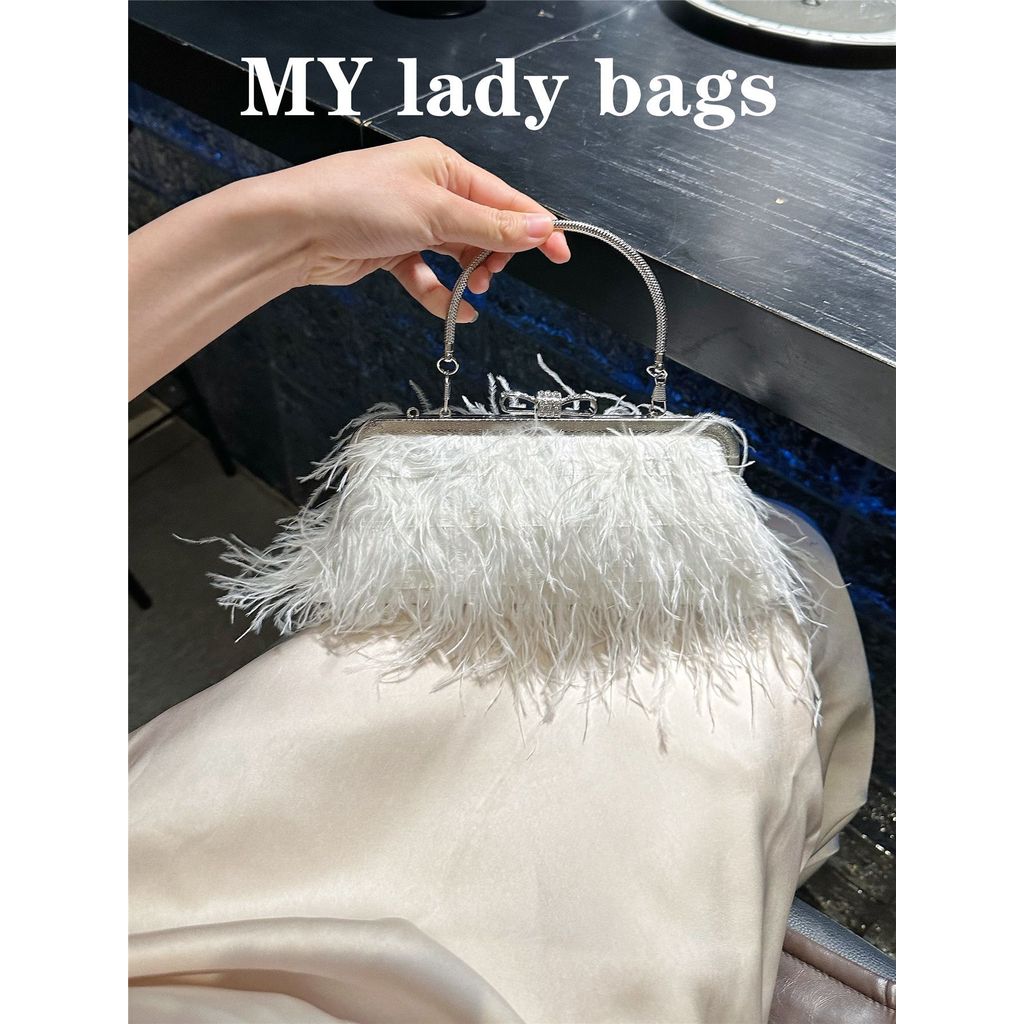 Ostrich Fur Handbag Real Fur Evening Clutch Bags Women Pearl Handbag Boutique Handmade Rhinestone Pu