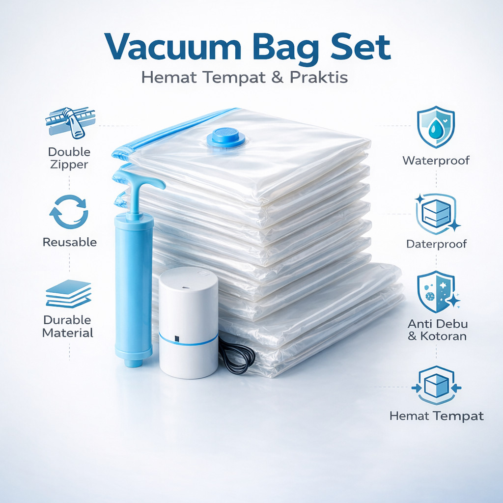 plastik kompresi vakum / Vacum Plastic Bag Travel / Vakum Baju Pakaian Dan  Pompa Elektrik