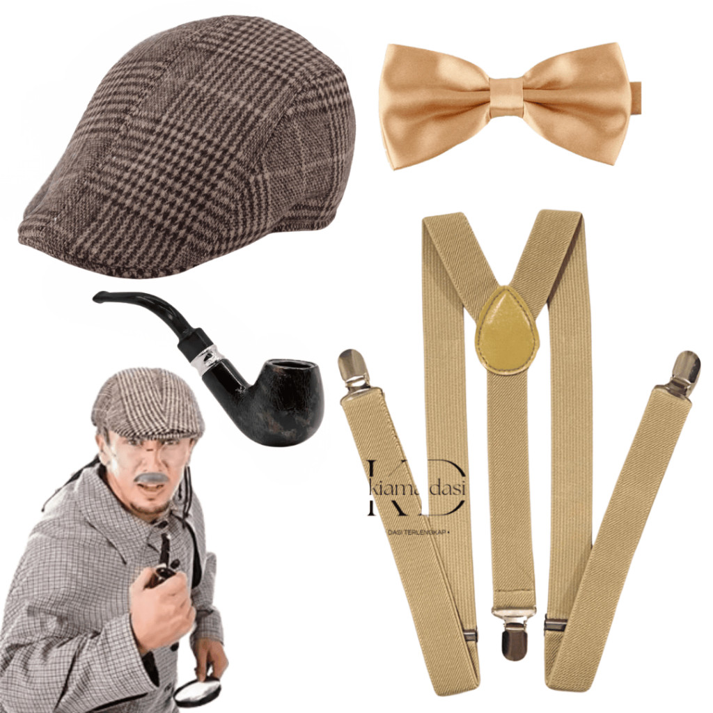 ( Mecca hobert ) KIAMA - Set Suspender Topi Dasi Kupu Krem Coksu Vintage Detektif Enola Holmes Outfi