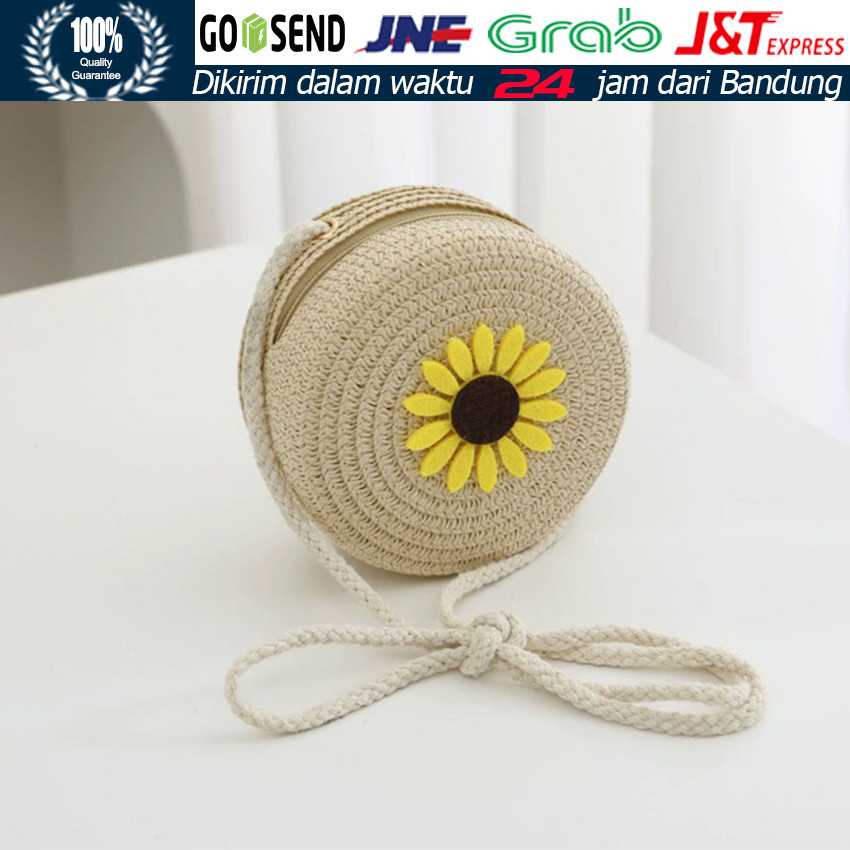 Tas Anyaman Bulat 12cm / Tas Selempang Mini Bunga Matahari / Sling Bag Anak Dewasa / Model Serut Buc