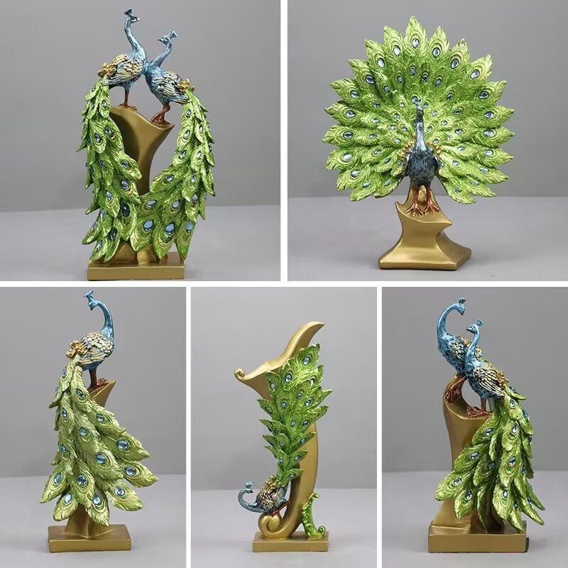 Fengshui Resin Peacock Feather Vase Ornaments Home room TV Wine Cabinet Table Statues Decoration Off