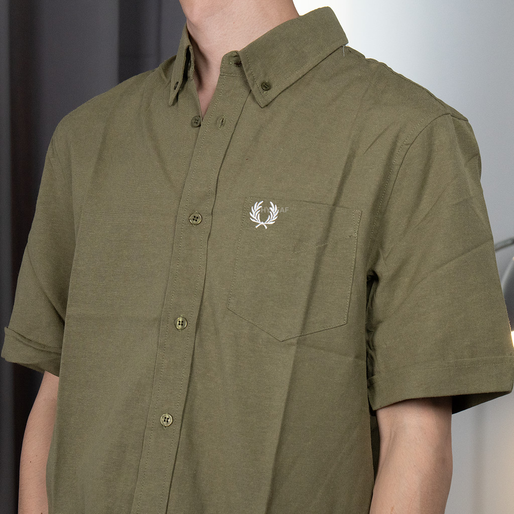 FRED PERRY Green Short Sleeve Oxford Shirt Kemeja Lengan Pendek Original