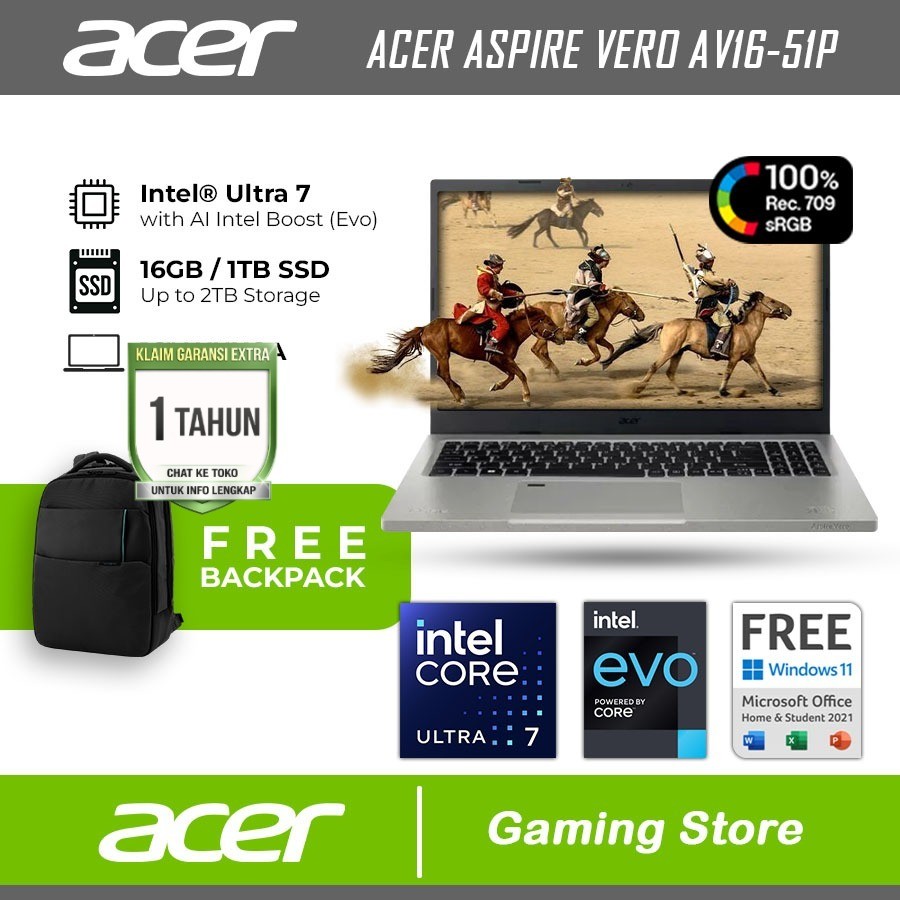 ACER ASPIRE VERO AV16 ULTRA 7 155U 16GB 1TB W11+OHS 16.0WUXGA 100SRGB BLIT FP EVO GRY -51P.735D