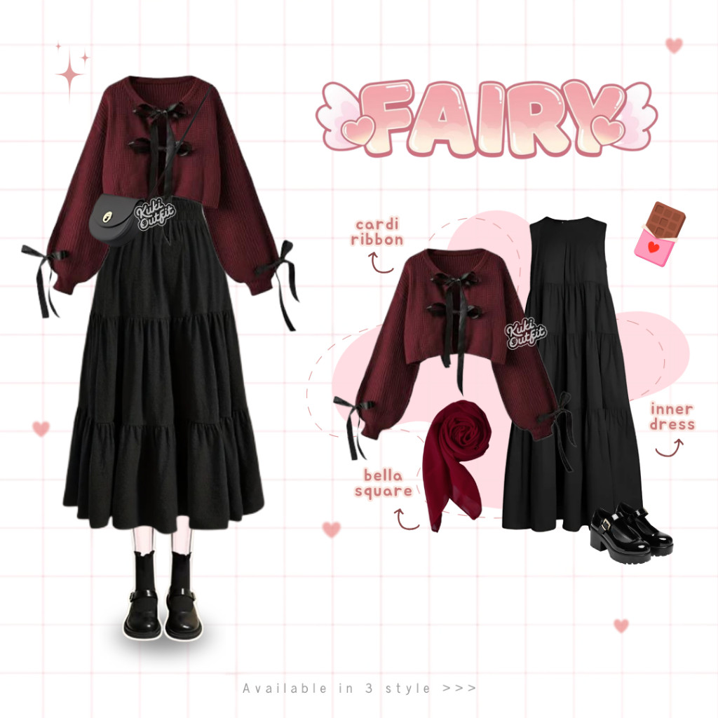 YONA.ID Kuki Outfit - 1 Set Outfit Wanita (Cardigan Pita, Rok, Celana, Hijab) Douyin Set Natal Remaj