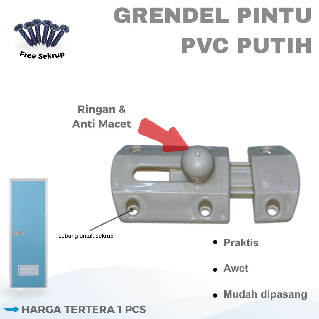 Grendel Pintu PVC Putih / Grendel Pintu Kamar Mandi Free Sekrup / Grendel Slot Pintu Plastik