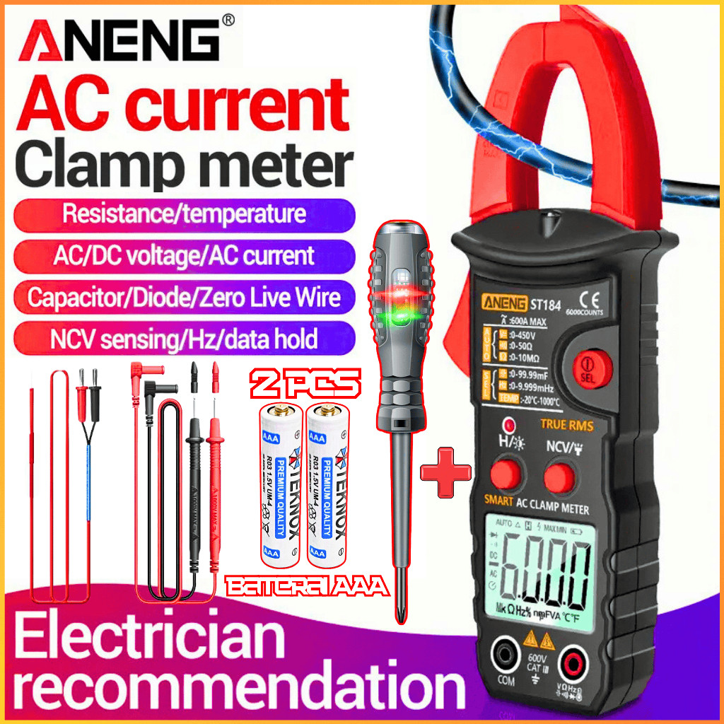 ST184 Tang Ampere AC/DC Digital LCD Clamp Meter + Obeng Tespen Listrik + 2 Pcs Baterai AAA DISKON