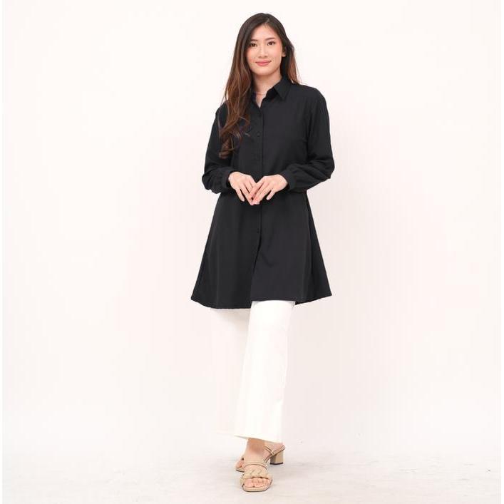 Kemeja Wanita Tunik Moscrepe, Kemeja Jumbo Polos - Hitam