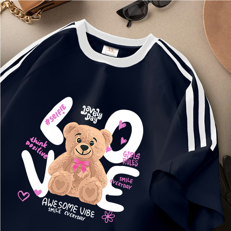 YS Buyer | COD Kaos Lengan Pendek Garis Tiga | Kaos Printing Sablon Lovely Bear | Oversize Unisex Ba