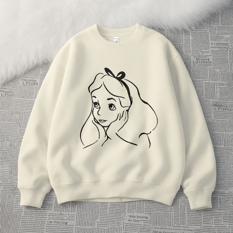 ONNI - Sweater Oversize Unisex | Alice in Wonderland Line Art – Cartoon Girl Cute Aesthetic | Bahan 