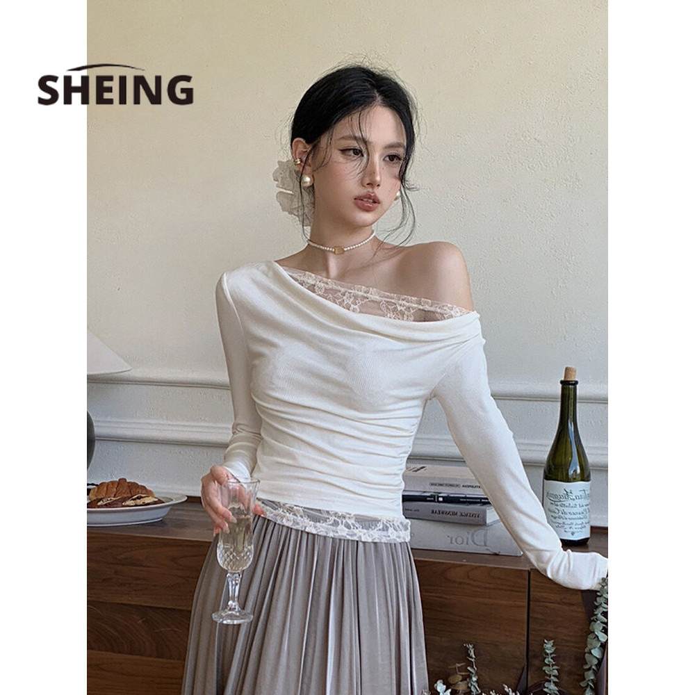 SHEING Kaos lengan panjang renda putih wanita musim semi dan musim gugur berayun kemeja bawahan lehe