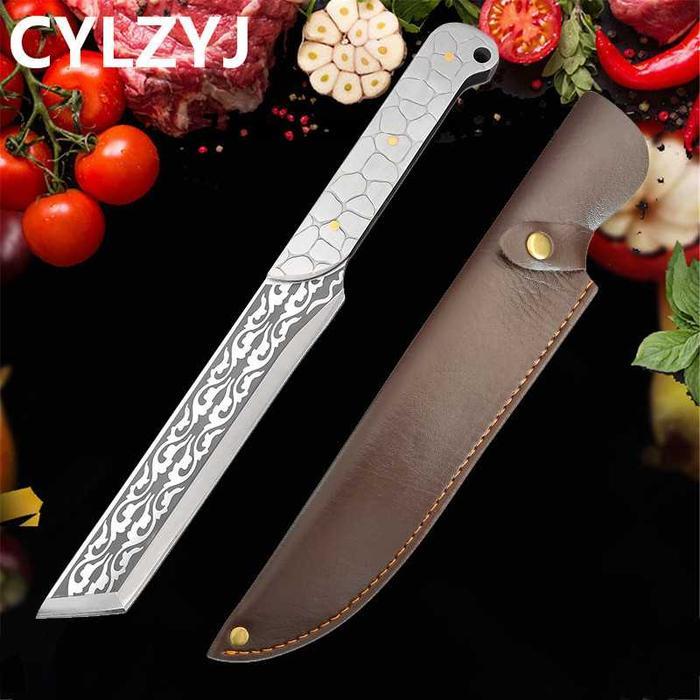 Pisau Dapur Stainless Steel 33 cm Chef Knife with Leather Cover - Silver Tribal