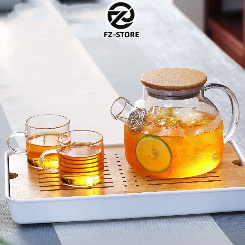 Teapot Teko Teh air panas kaca dengan tutup kayu anti panas High Borosilicate berkualitas tekko kaca