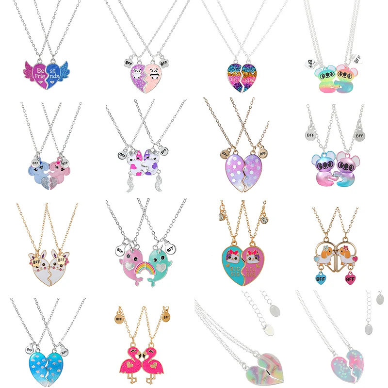 2Pcs Kalung Unicorn Kucing Flamingo Koala Hati untuk Sahabat Perempuan, Kalung BFF untuk Anak Peremp