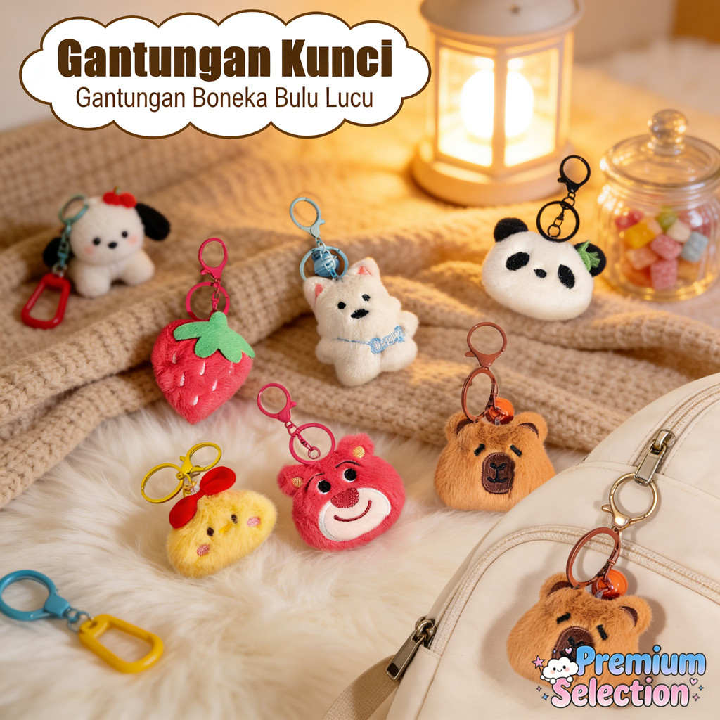 Gantungan Tas Kunci Karakter Lucu Stroberi Kapibara Ayam Boneka Bulu Lembut Unik untuk Tas atau Kend