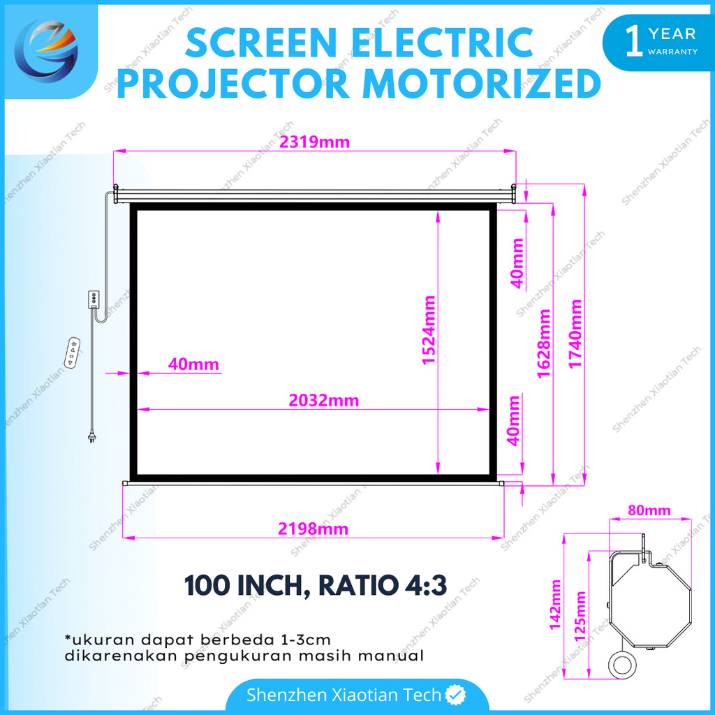Layar Proyektor Motorized 100 Inch Ratio 16:9 dan 4:3 | Layar Proyektor Elektrik | Layar Projector O