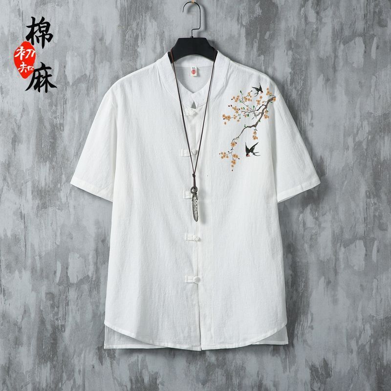Men's Linen Chinese Style Short Sleeve Embroidered Loose Cotton Linen Shirt