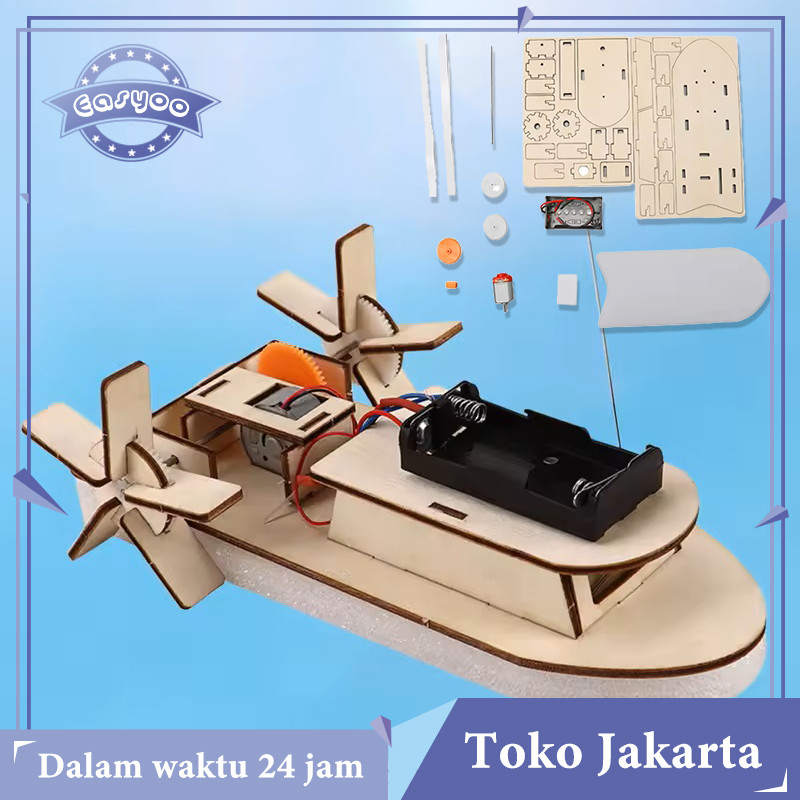 Mainan Kapal Rakit Diy Kapal Dayung Dinamo Bertenaga Baterai Rakit Perahu Kayu Elektrik Mainan Sains