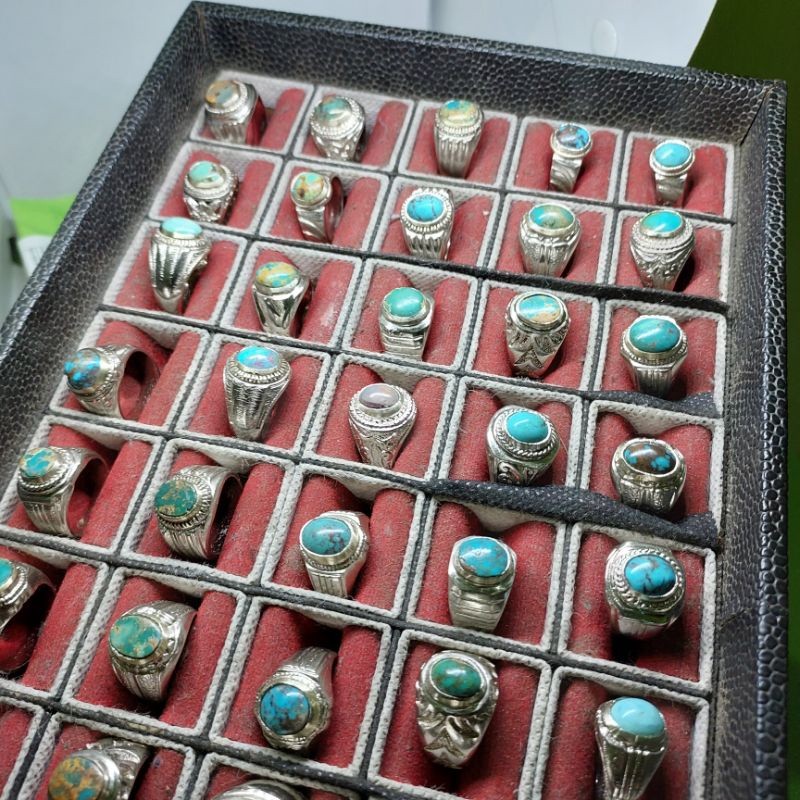 Cincin batu akik pirus persia mini urat emas biru hijau asli natur elegan