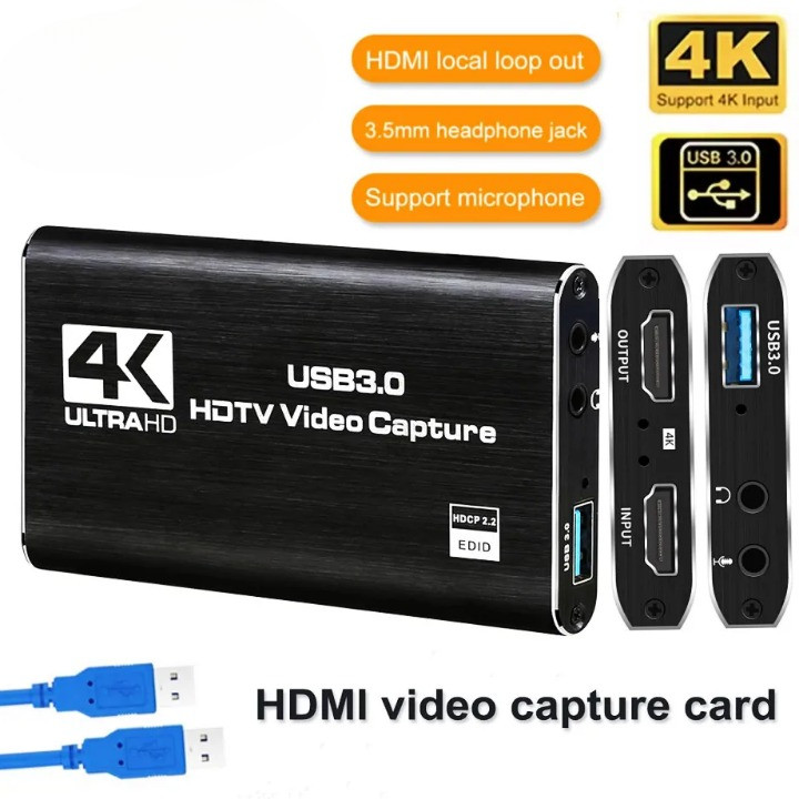 Capture Card HDMI USB 3.0 4K 60Hz Loop Out Live Streaming Recording Audio Mic Headphone Video Grabbe