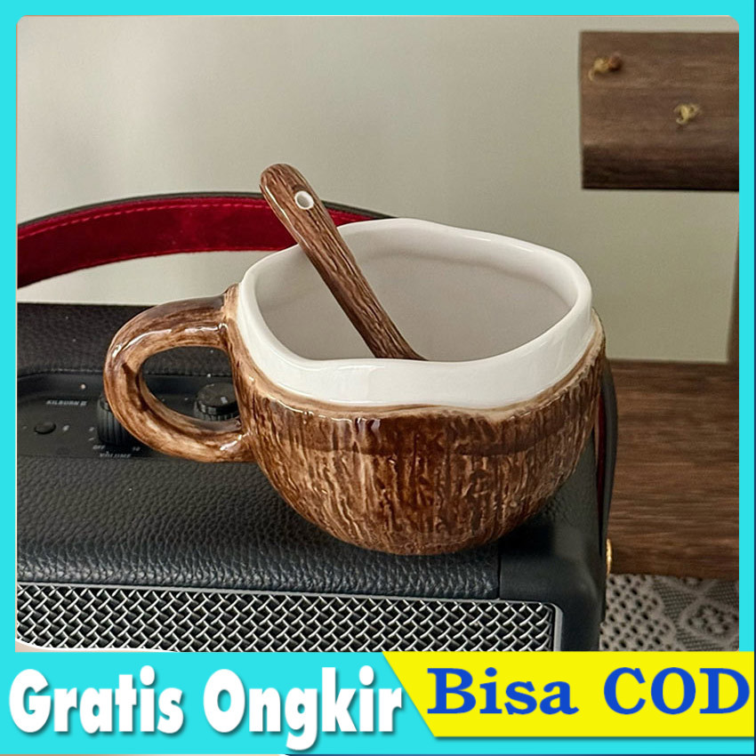 Gelas Keramik Bentuk Kelapa Estetik Set Cangkir Kopi Unik Coconut Mug Ceramic Lucu Gelas Minum Cafe 