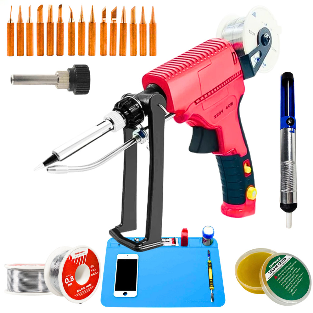 GILISHOP  LEFAVOR Solder Listrik Tembak 80 Watt + timah + Mata 15 pcs + Sedotan Timah + Matras + Pas