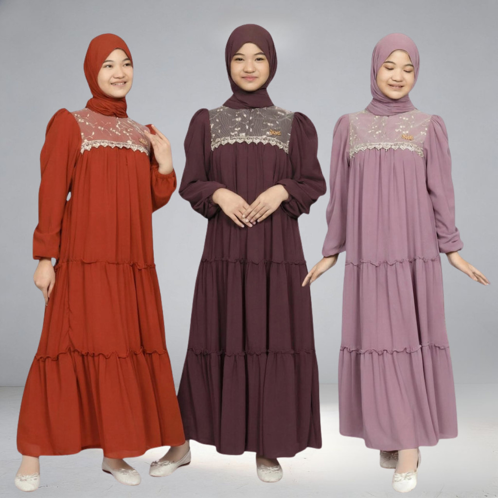 Gamis Anak Perempuan Tanggung Pesta Mix Brokat Ceruty Babydoll Baju Lebaran Brukat Remaja Trend