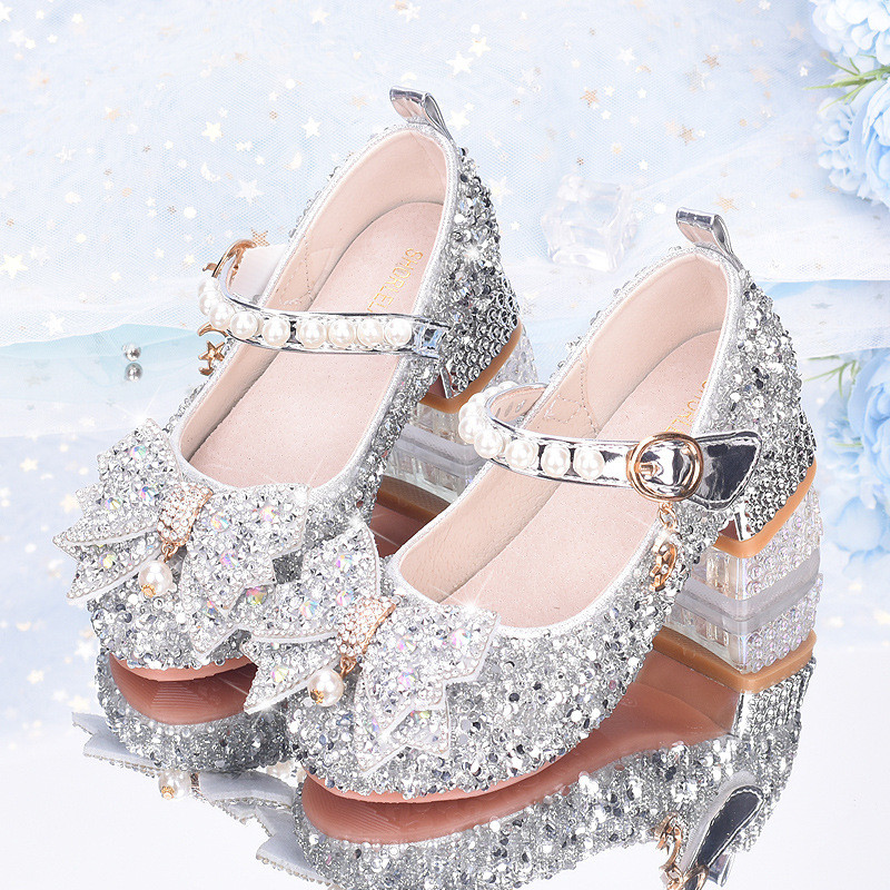 Sepatu hak tinggi anak-anak, sepatu kristal untuk gadis kecil, sepatu kulit siswa, sepatu anak perem