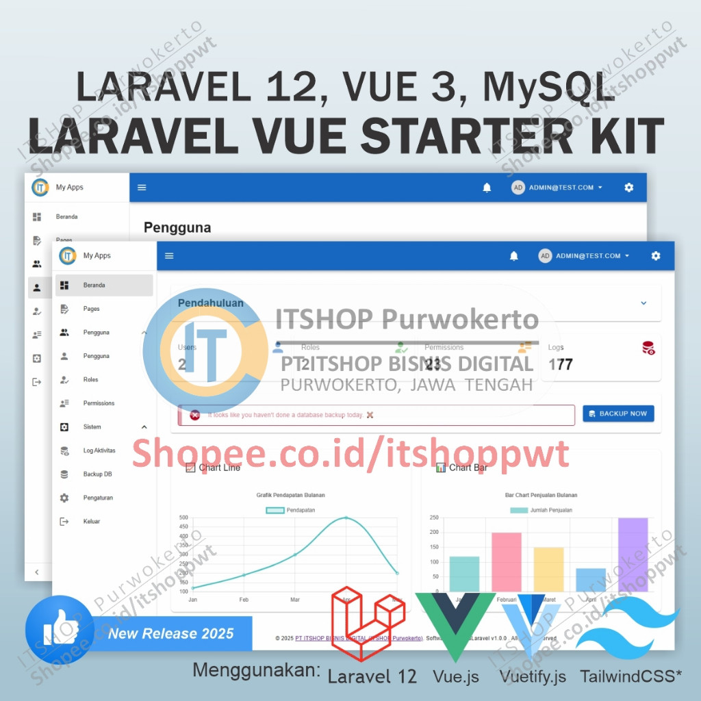 Source Code Aplikasi Web Laravel Vue.js Starter Kit Modern Fitur Auth RBAC untuk Lanjut Pengembangan