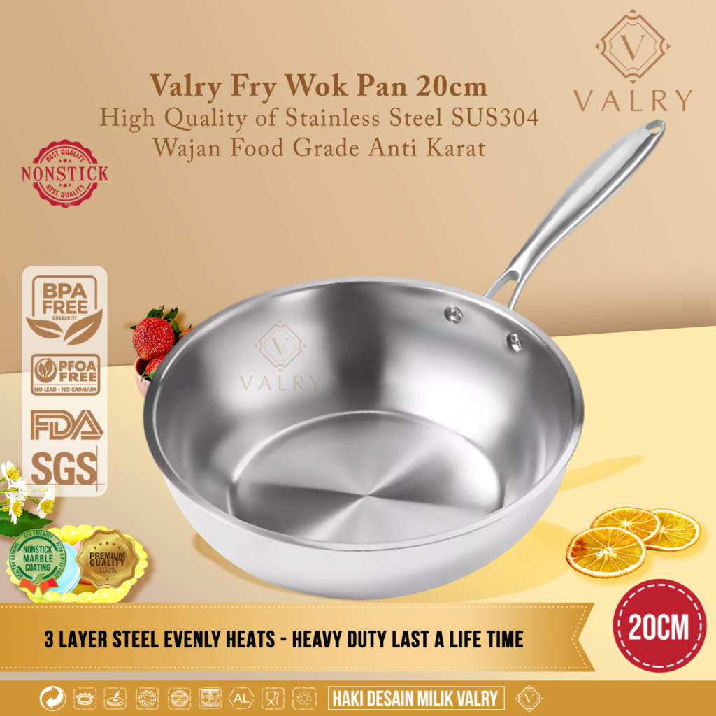 PURE PAN Panci stainless 304 VALRY FRY WOK PAN 20CM Stainless steel premium 0 COATING
