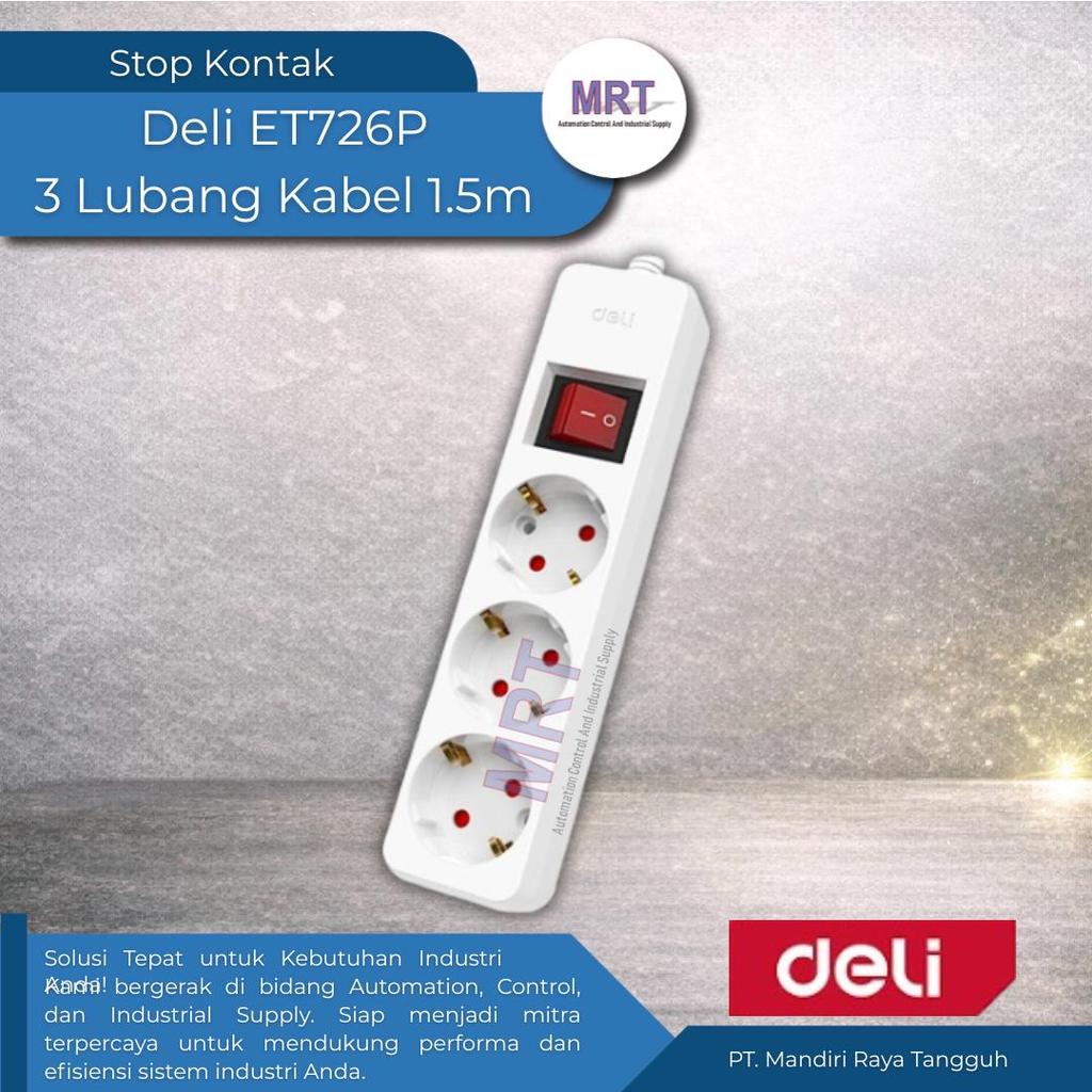 Stop Kontak 3 Lubang Single Switch Kabel Panjang 1.5 Meter DELI ET726P 2500W 250V 10A - Colokan List