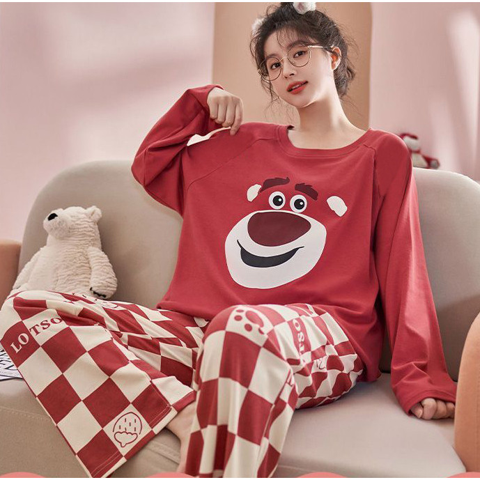 [Leemeoo] Set Piyama Kartun Beruang Stroberi Lengan Panjang Lucu untuk Wanita dengan Bantalan Bra