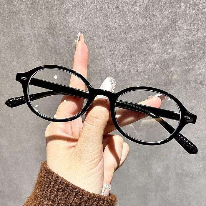 FRN 018 Kacamata Hitam Oval Wanita Gaya Retro Kacamata Transparan Lensa Anti Radiasi - Hitam Hitam