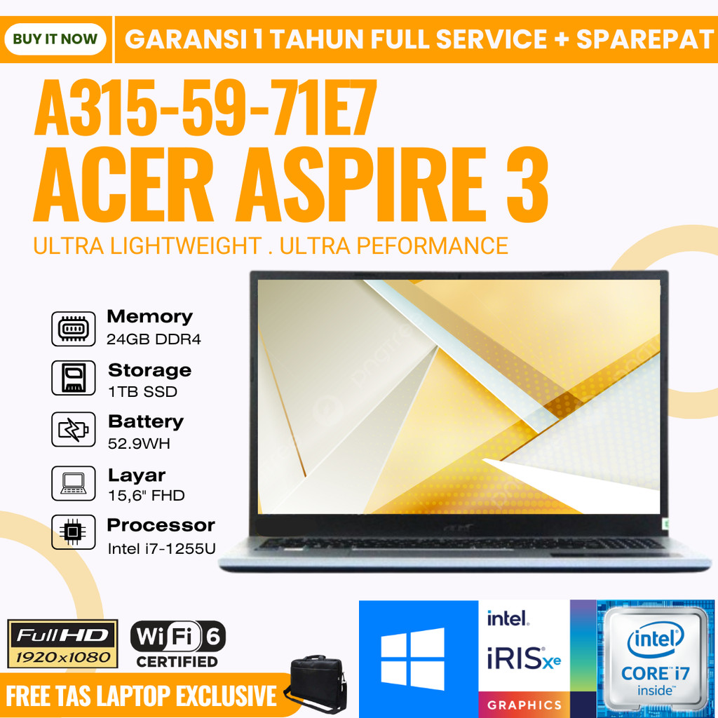 LAPTOP GAMING ACER ASPIRE 3 A315 INTEL i7 GEN 12 RAM 24GB SSD 1TB 15.6"FHD WINDOWS 11 | 71E7