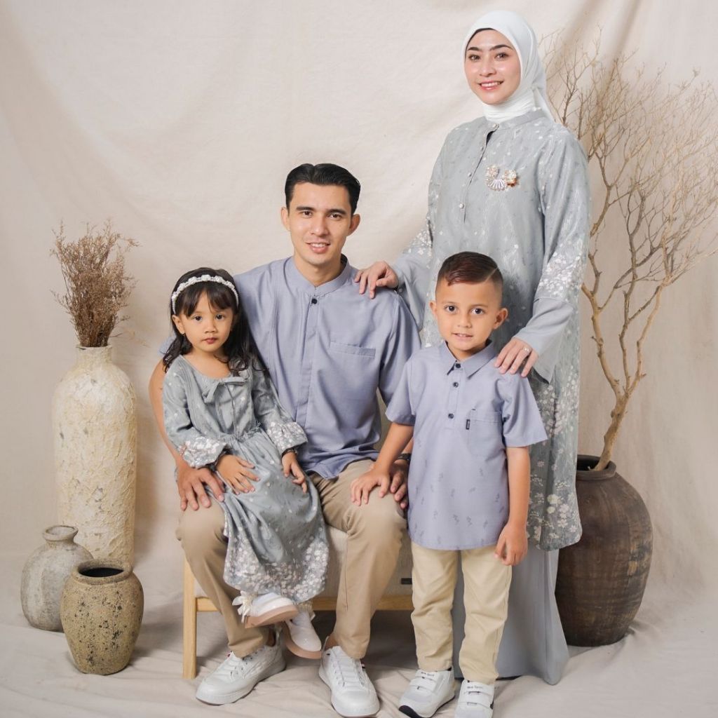 Sarimbit Raya Keluarga Gamis Dress Couple Koko Dewasa Lengan Pendek Kembaran Familly Set Kain Dobby