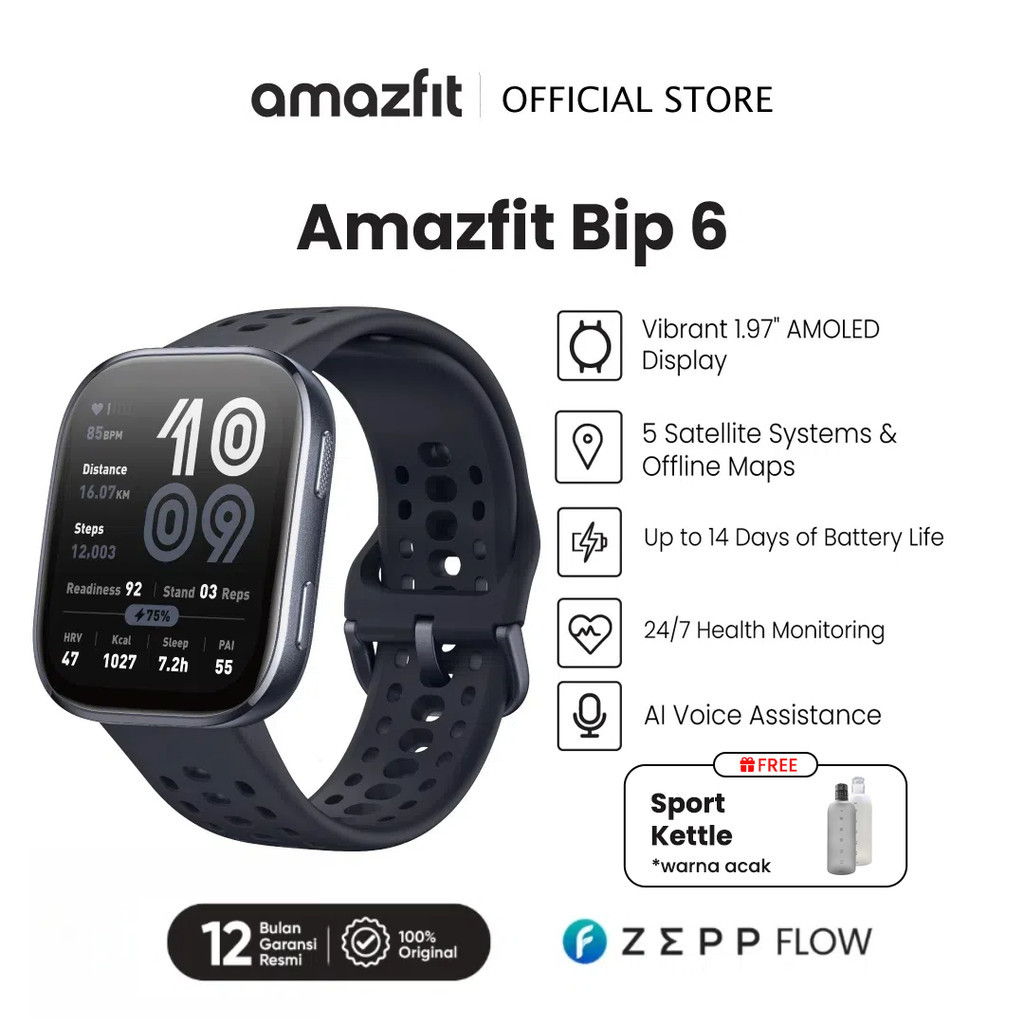 Amazfit Official Bip 6 Jam Pintar 46mm Tahan Air Bantuan Suara AI Peta dengan GPS 140 Mode Olahraga 
