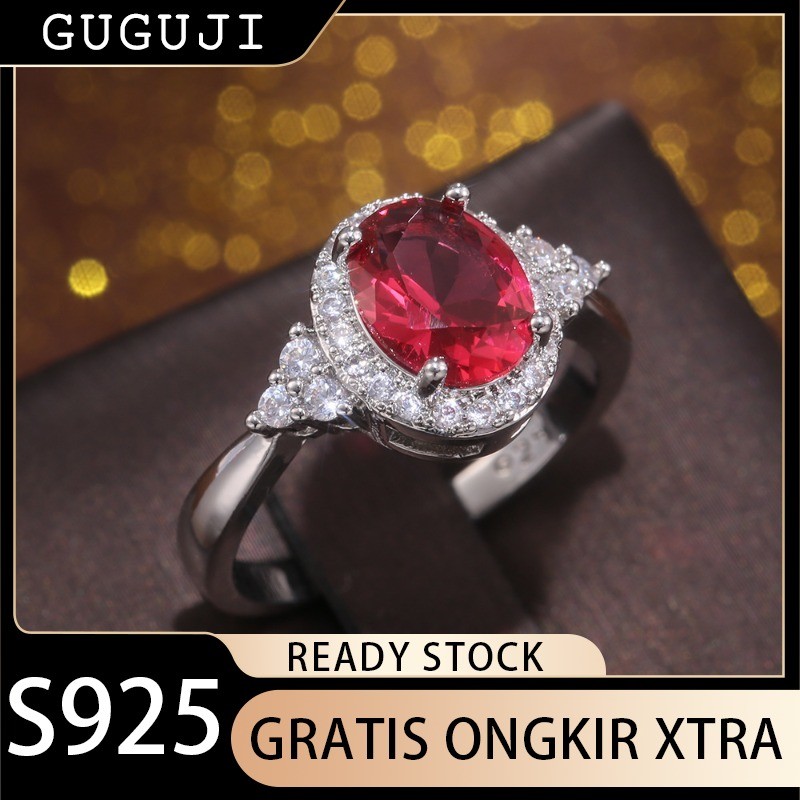 GUGUJI Cincin Batu Permata Merah Perak 925 Yang Modis Untuk Wanita