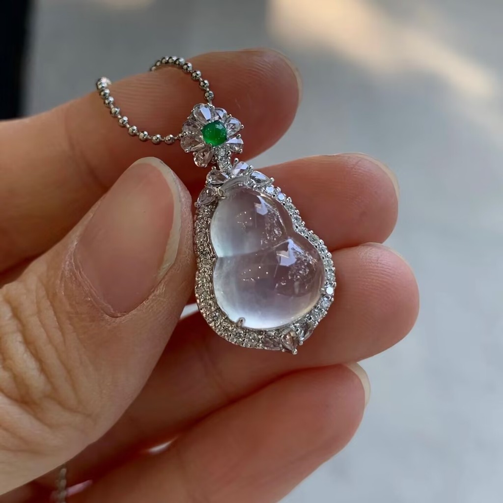 Liontin Labu Giok Es, Liontin Giok Es Putih Asli Kelas A Burma, Giok Kaca untuk Wanita, Emas 18k