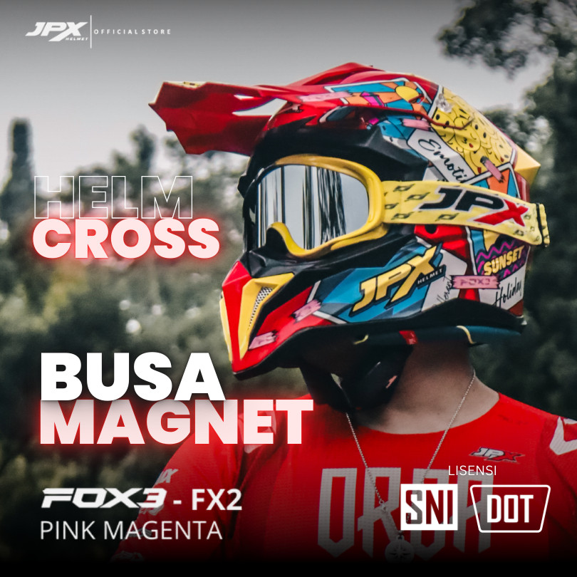 Helm Full Face Cross Pria Wanita Harian Motor Trail Tebal Nyaman SNI DOT JPX FOX3 FX2 Motif - Pink M