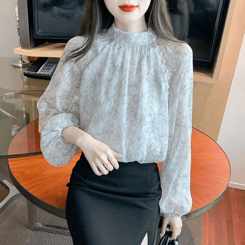 Blus sifon elegan berlengan panjang, longgar, bermotif bunga baru untuk wanita