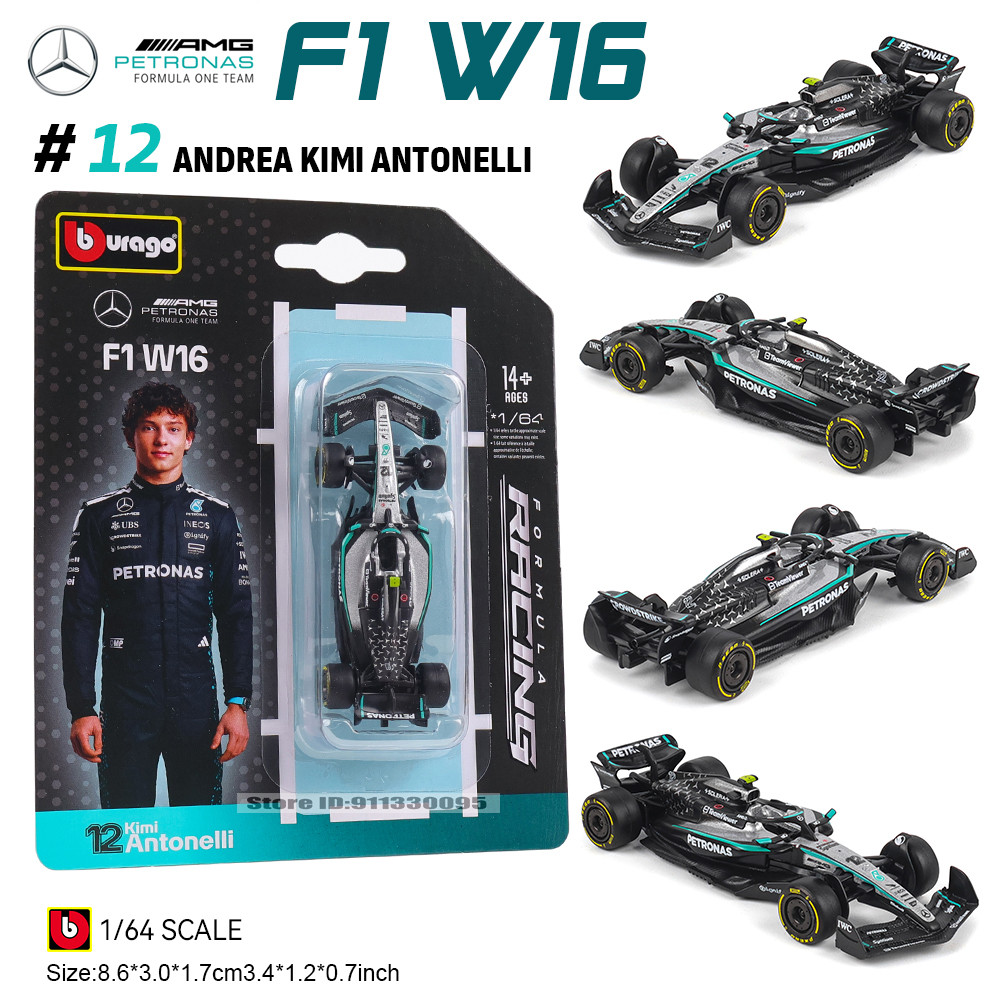 Bburago 1:64 Mercedes-AMG 2025 F1 W16 #63 George Russell #12 Kimi Antonelli Alloy Car Model Collecti