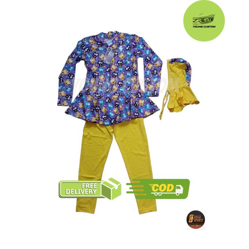 Baju Renang Muslim Anak Fitnes Kartun Gambar Lucu Import - M-KUCING KUNING