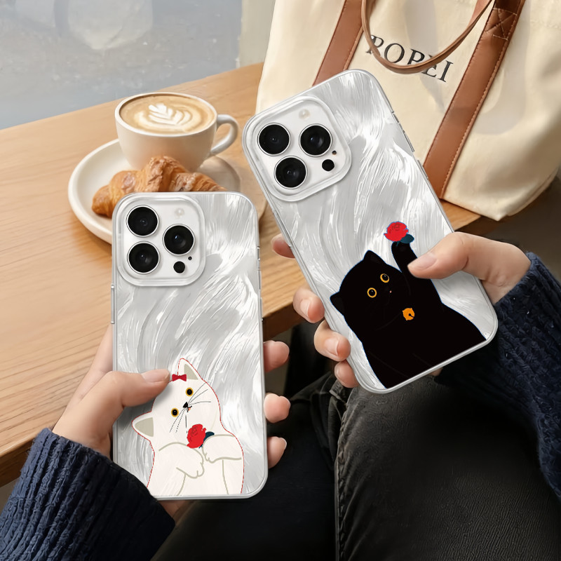 Romantic Cat Couple Phone Case With Red Rose For OppoA15-17 A16KA3S Series A 2022 A58/78 4GReno 8T4G
