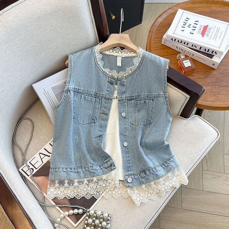 Rompi denim splicing renda biru muda rompi baru wanita tanpa lengan